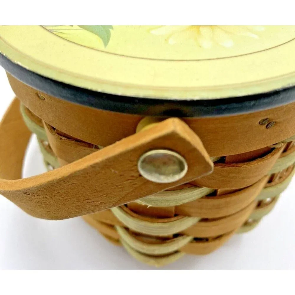 Sunflower Basket 3.75”x4.5” Handle Hinged Lid Woven Round Yellow Trinket Holder